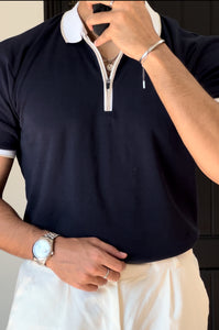 Navy blue interlock zipper polo